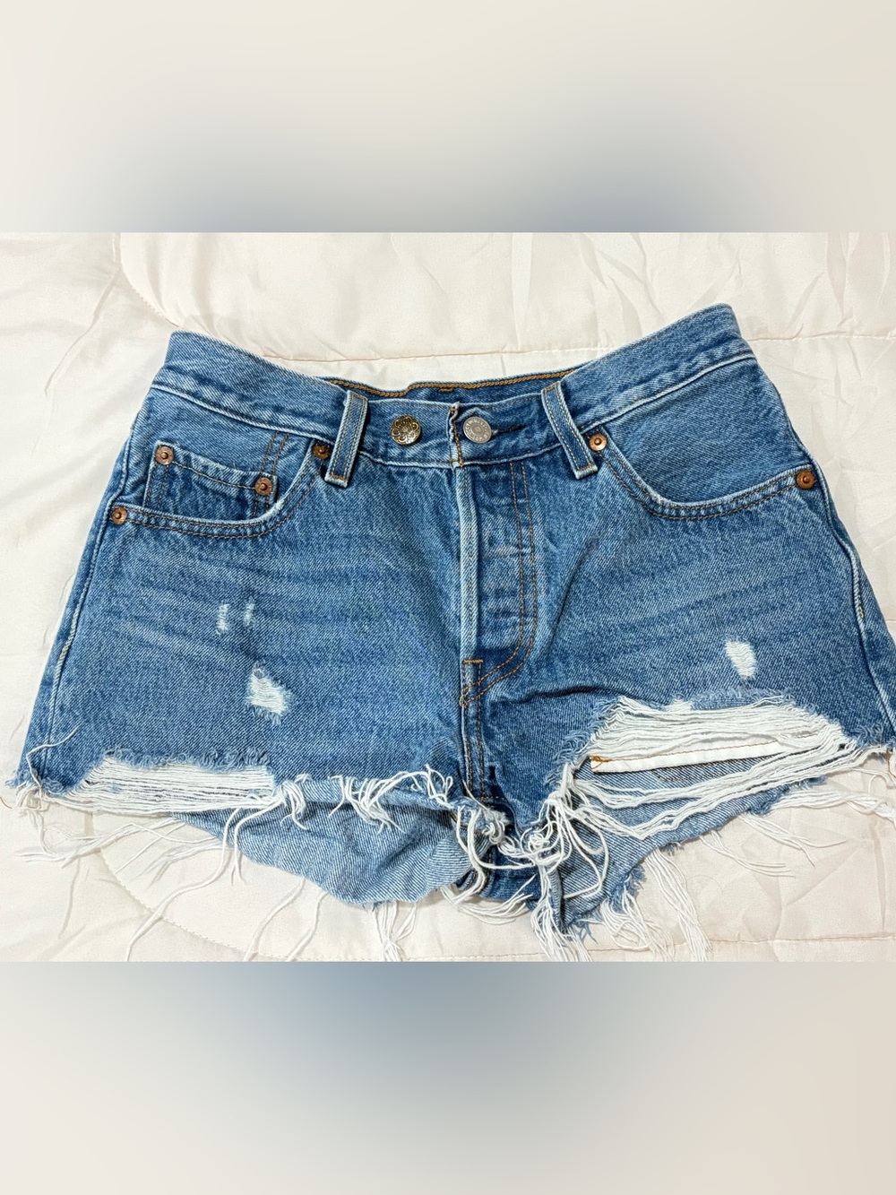 Levi's 501 Distressed Light Blue Denim Shorts 24”